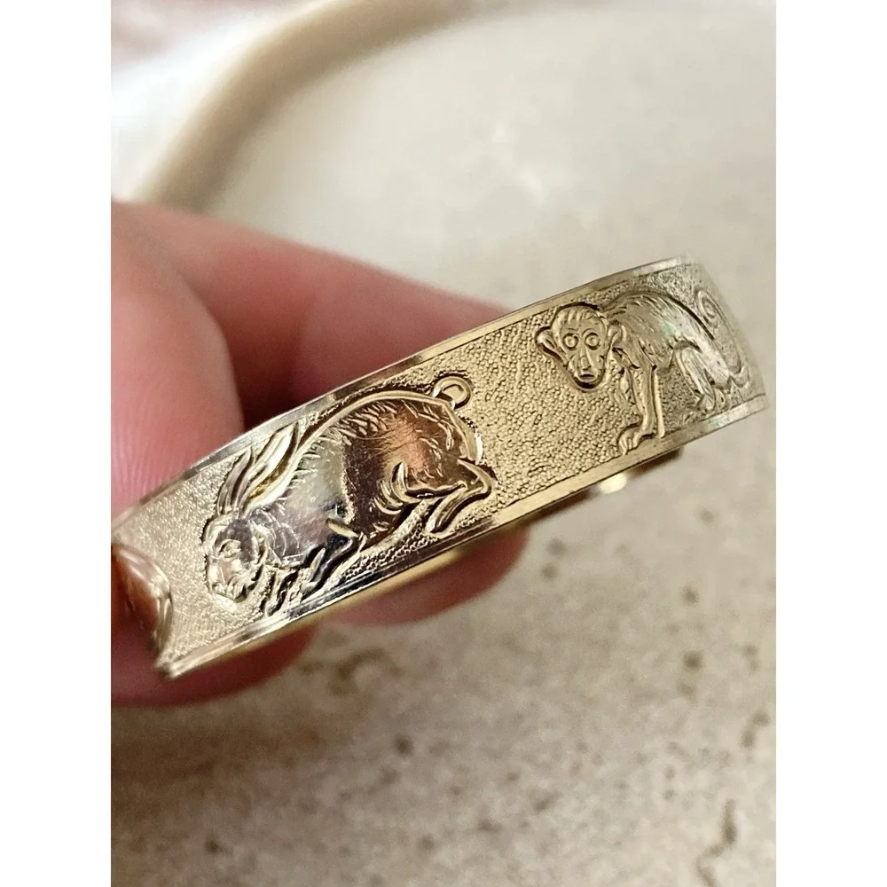 Vintage Children's Cuff Bracelet Gold Tone Jill Name Embossed Animals
